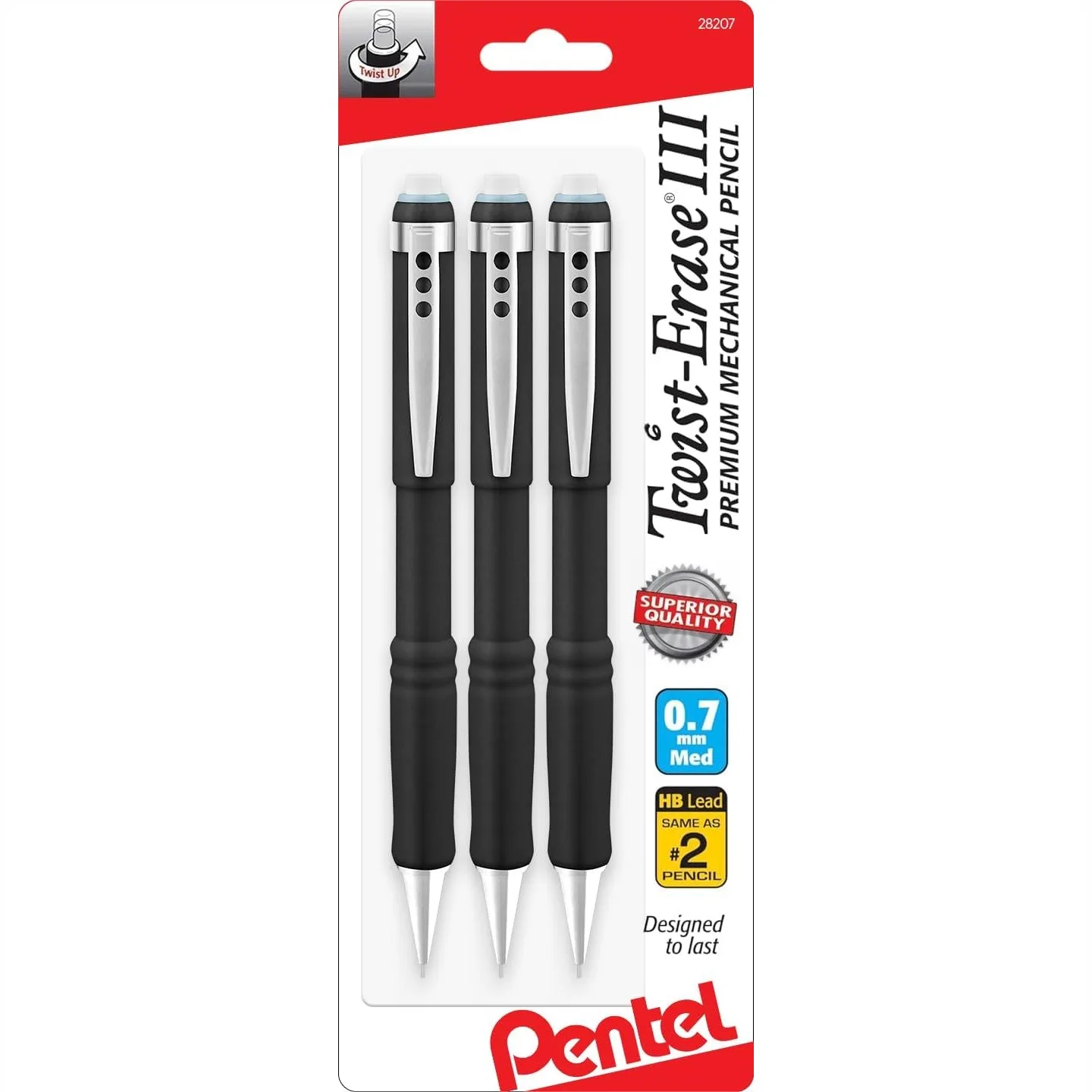 

Mechanical Pencil 0.7mm Twist Erase III with Comfort Grip, Pre-Loaded HB Lead, 3-Pack for School Office