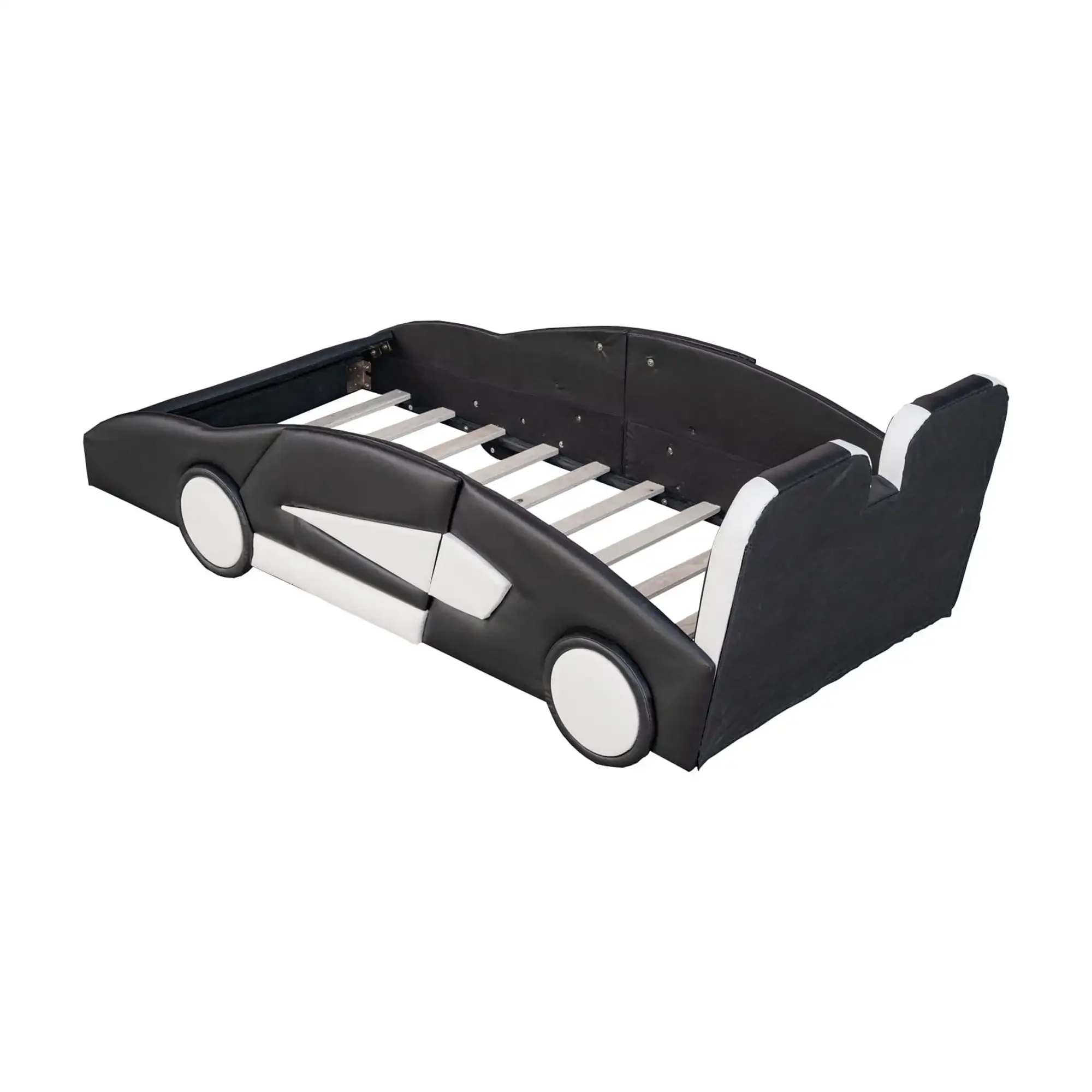 Modern Wood Race Car-Shaped Twin Platform Bed for Kids’ Bedroom Upholstery PU Leather Car Bed for Kids Gift Black Racing double