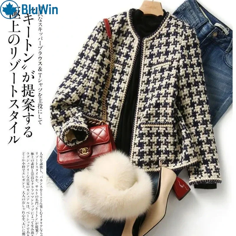 BluWin Classic Checkered Tweed Jacket – Elegant Contrast Trim for a Timeless, Chic Look