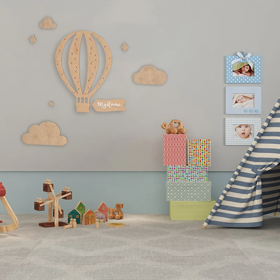 Pegatinas de pared de globo aerostático de madera y estrella de nube de estilo nórdico Ins, globo aerostático con estrella hueca, simboliza la suerte, decoración de pared, decoración de pared de madera o sala de juegos, perfecta para dormitorio, cafetería