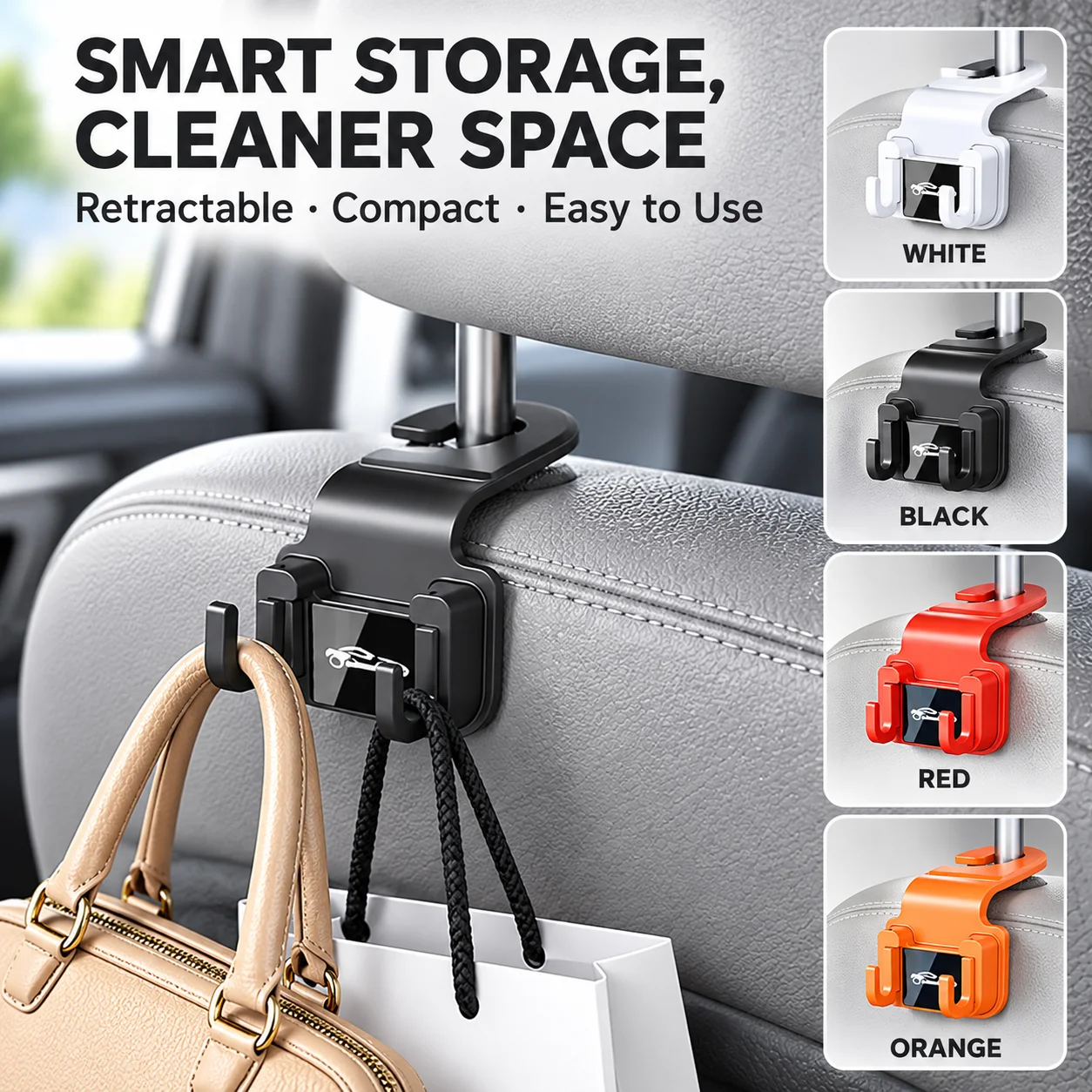Original Color Car Seat Hooks, No Punch Install, Universal Headrest Hanger for Bags, Umbrellas, Durable Auto Storage Organizer