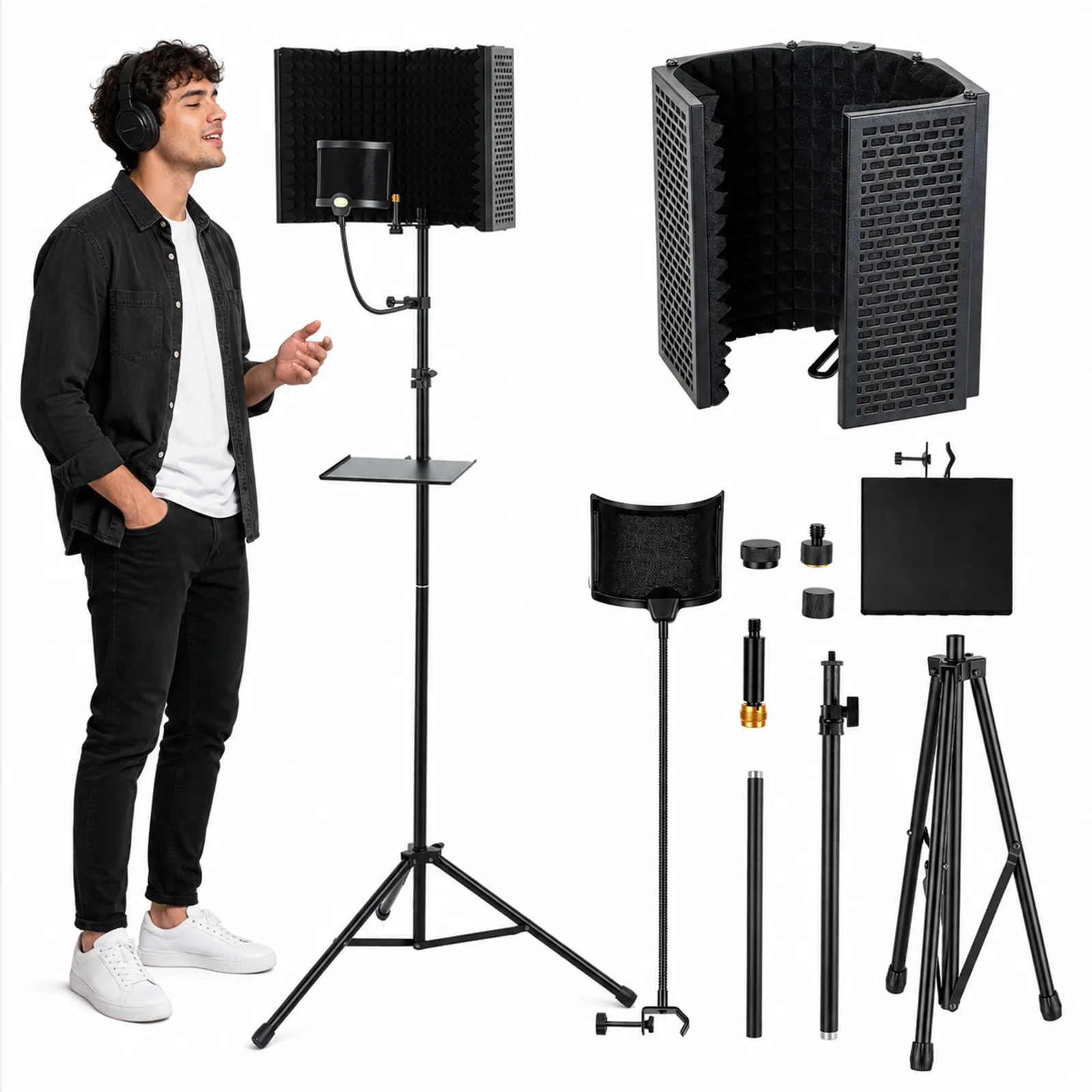 Image of Faltbares Mikrofon-Isolationsschutz-Set mit Pop-Filter & Stativ, hochdichtem Schaumstoff für Blue Yeti AT2020 Mikrofon, Geräuschreduzierung für Gesangsaufnahmen, Podcast-Streaming und Studioeinsatz.
