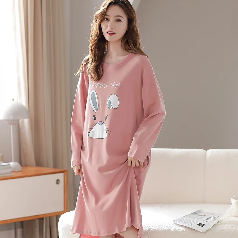 

Cute Female Cotton Nightgown Sweet Princess Casual Women Loungewear Night Wear Plush Size Pajamas Long Sleeve Nightdress