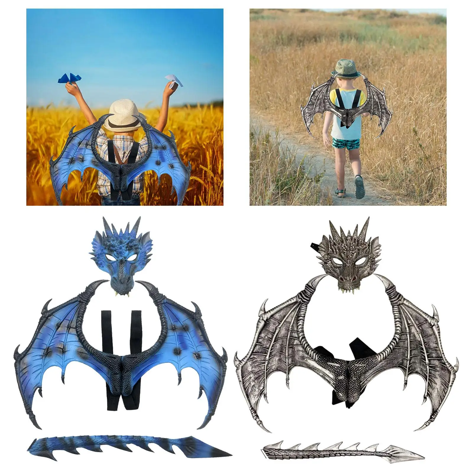 Kids Dragon Costume Wing Tail Face Cover Set Realistic Accessories Unique Durable Dress up Props Comfortable for Kid Teens