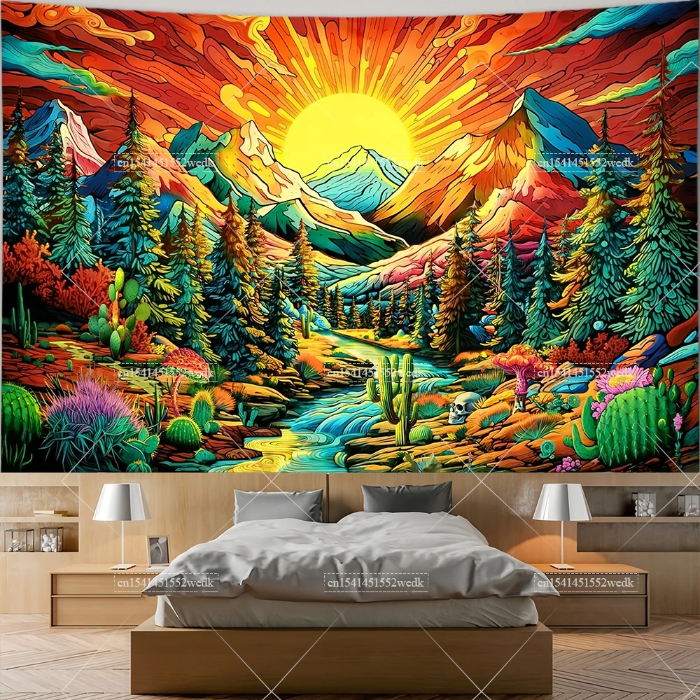 Boho Mountain Sunset Tapestry Trippy Forest Tree River Landscape Tapestries Aesthetic Room Decoration Cactus Wall Art Background