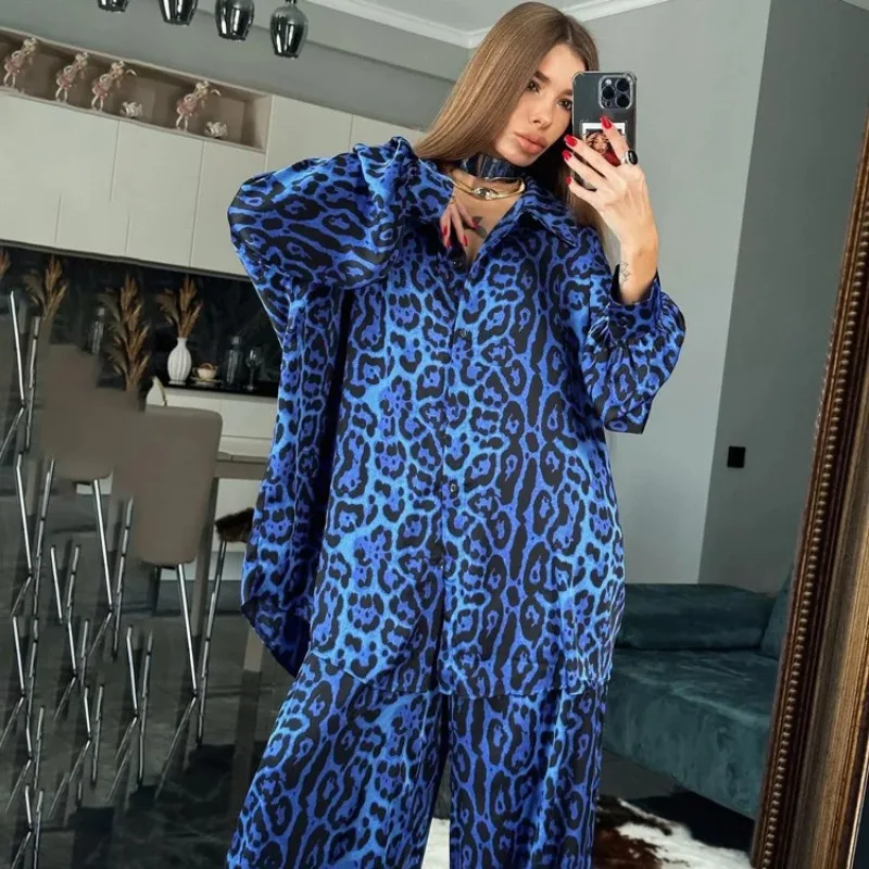 

2026 New Women Blue Two Piece Sets Fashion Tracksuits Long Sleeve Leopard Print Blouses Suits With Long Pants Ladies Outfits