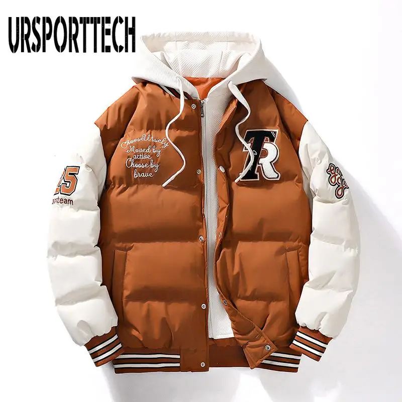 

URSPORTTECH Casual Embroidery Winter Jacket Men Trendy Fake Two-piece Hooded Bread Coat Couple Cotton-padded Jackets And Coats