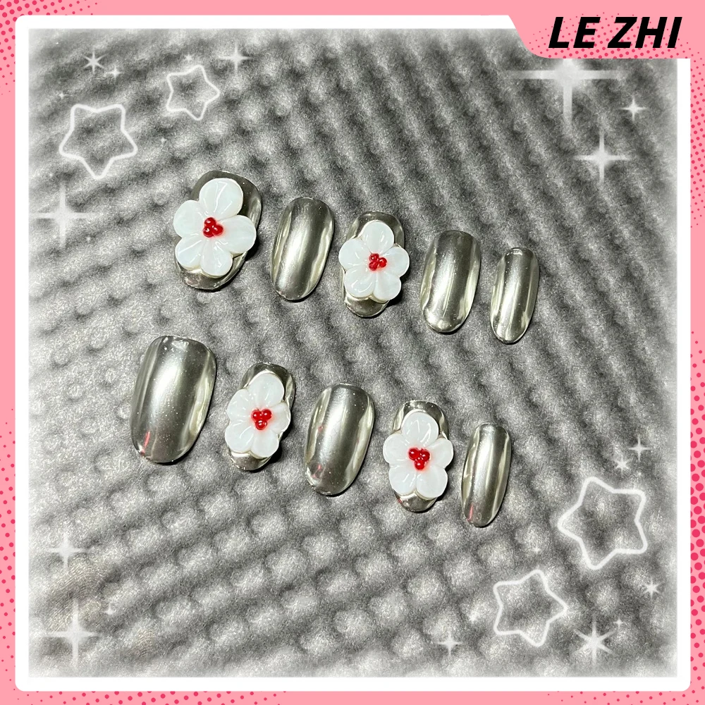 جميل قصير مربع جولة اليدوية يمكن ارتداؤها غطاء كامل الأظافر Kawaii أرنب مرسومة باليد القوس زهرة الماس القط عيون اضغط على الأظافر #6