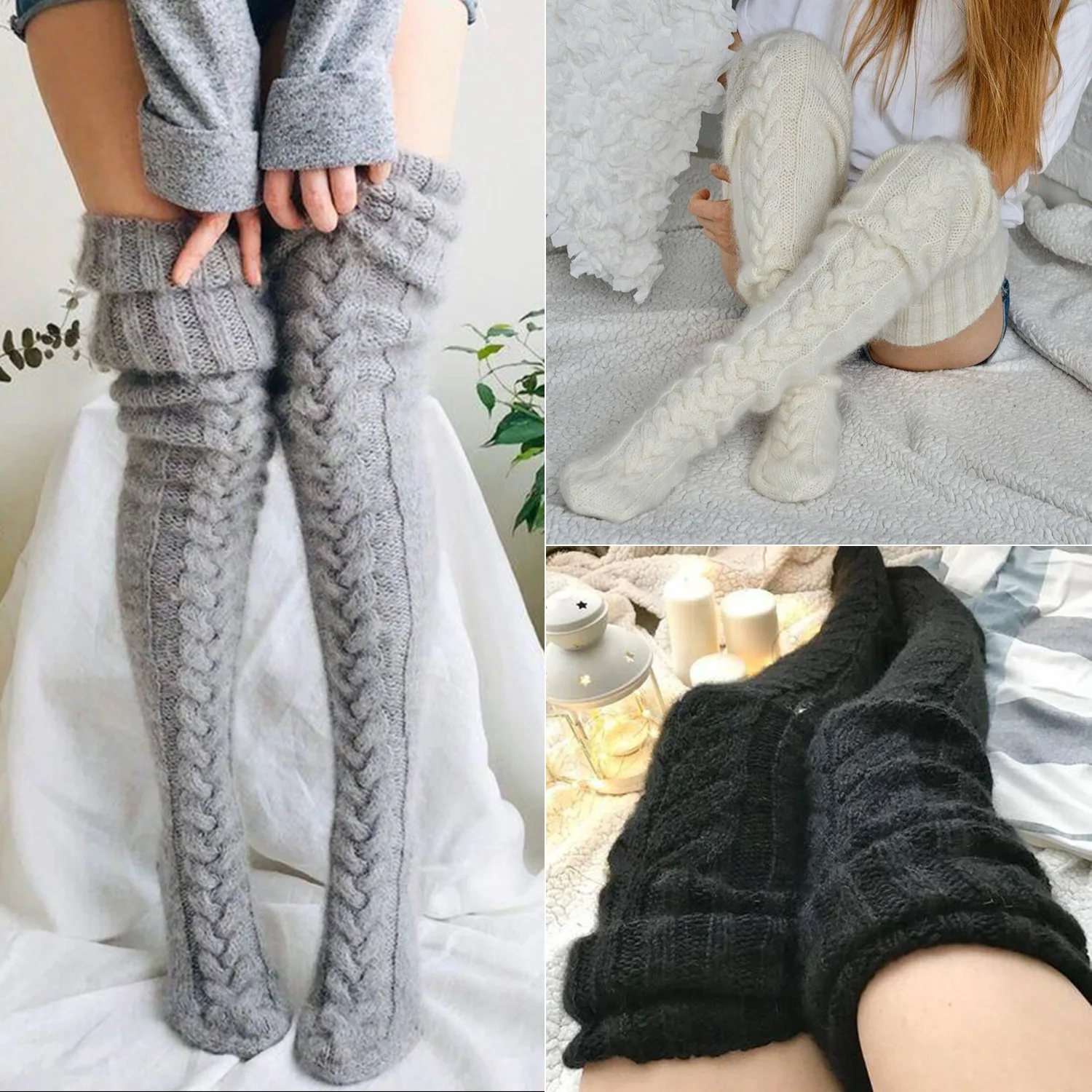Women Cable Knit Thigh High Socks Over Knee Warm Winter Leg Warmers Chunky Boot Cuffs Slouch Cozy Soft Thermal Solid Color Thick