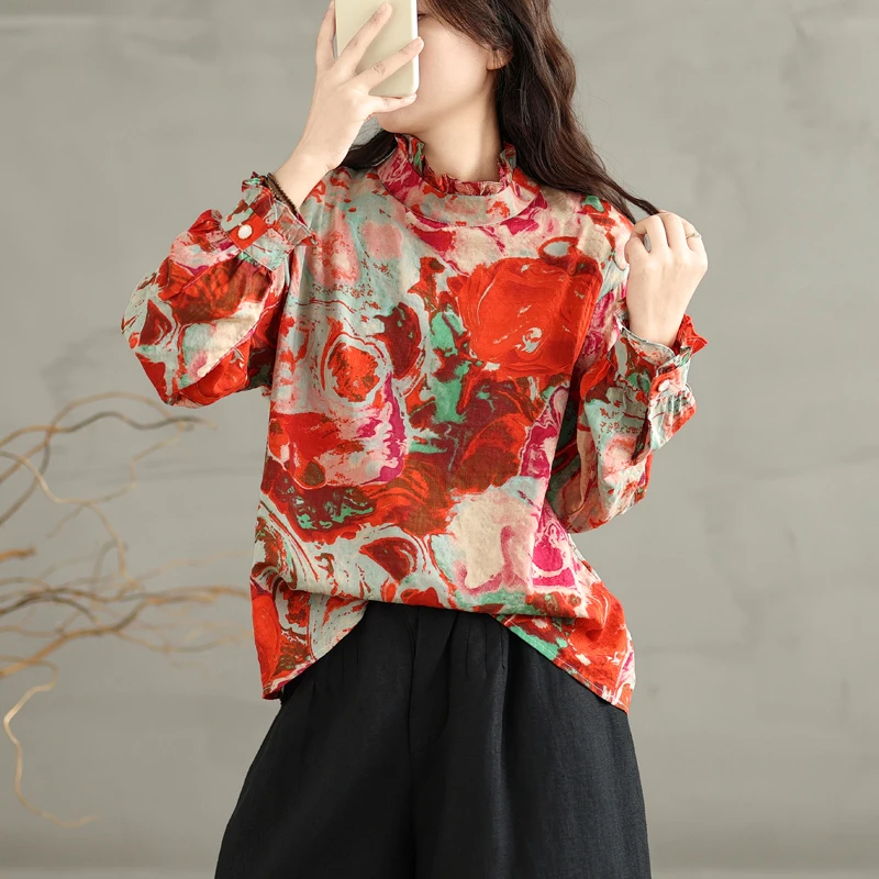 

Элегантная женская футболка с длинным рукавом, цветочным воротником и принтом, базовая модель для повседневной носки, премиум-качество, большие размеры, весна-осень