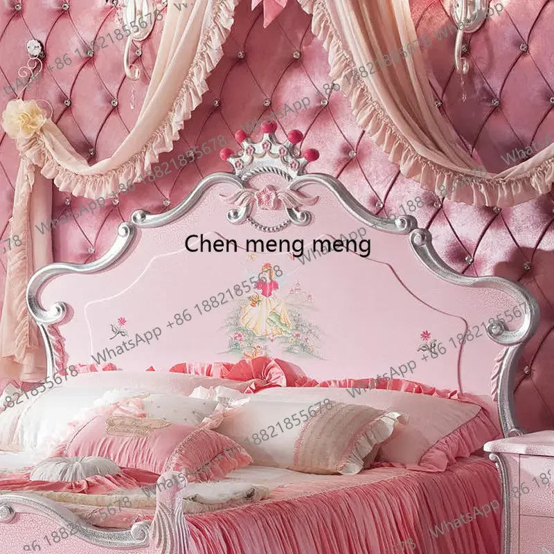E182 Solid wood double bed Italian painted French pink princess bed bedroom furniture