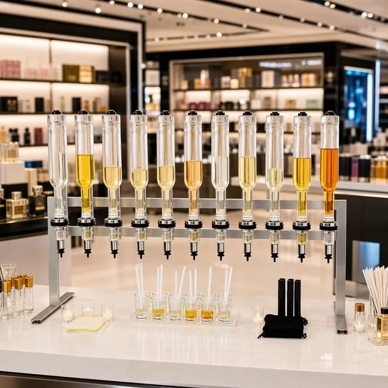 Custom Luxury Premium 6 Bottles Transparent Glass & Metal Manual Perfume Bar Dispenser With Scent Pump For Oil
