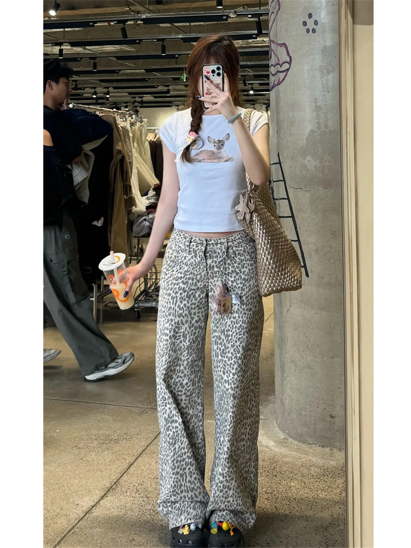

American Vintage Leopard Print Loose Wide Leg Jeans Women's High Waist Long Trousers Spring Fashion Street Style Cotton Denim