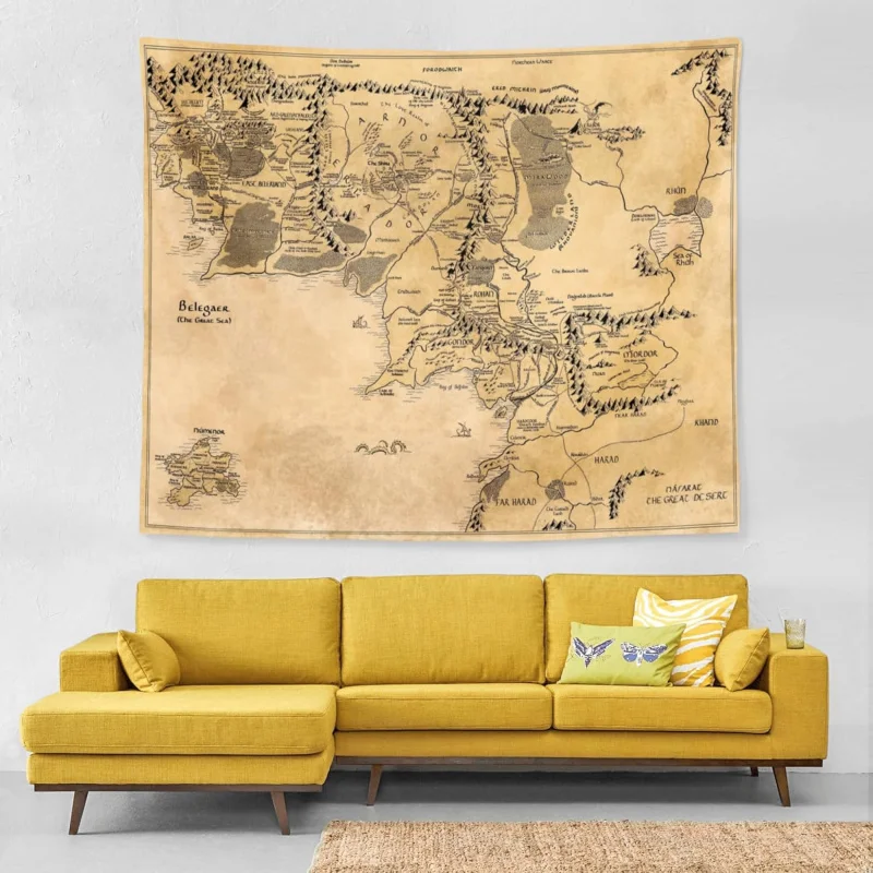 VIKAMA Vintage Fantasy Middle-earth Map Tapestry The Lord of the Rings World Motif Living Room Fan Decor Tapestry