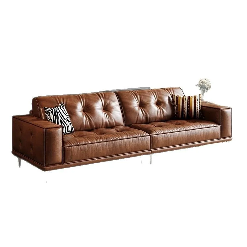 

French retro tofu block oil wax leather sofa medieval small apartment living room straight row high-footed sofa