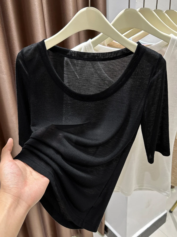 تي شيرت كوري محبوك من الحرير الجليدي ort Sve تي شيرت نسائي صيفي منخفض Ne round Ne Base irt أزرق اللون Blo كبير مستدير N... #3