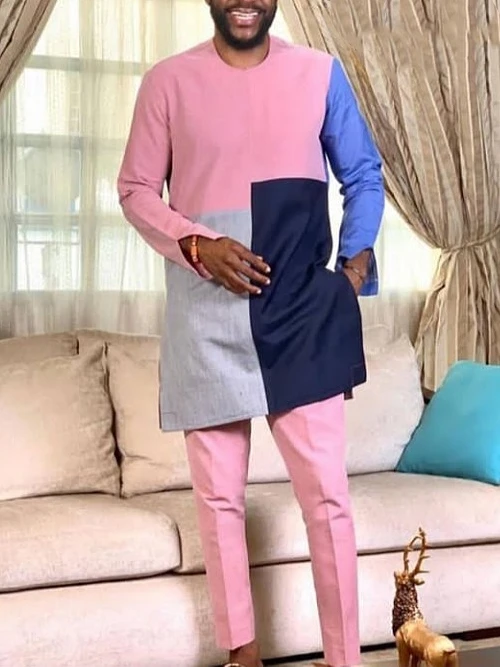 

Men's fashion casual pink printed long sleeve two-piece set
