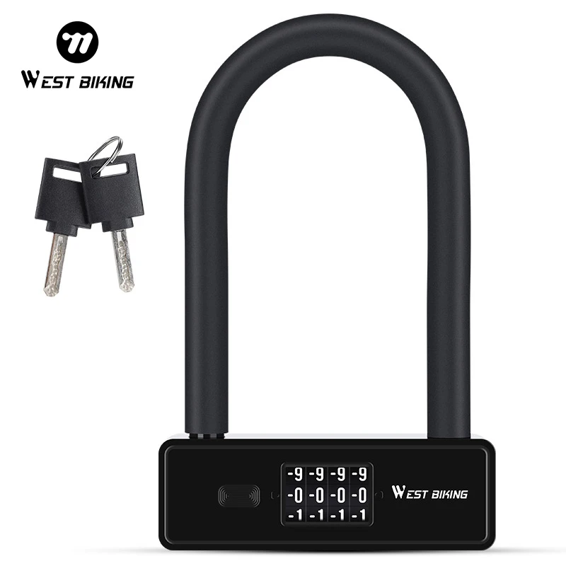 WEST BIKING Bicycle Motorbike U Lock Anti Theft Security Lock Heavy Duty Zinc Alloy Padlock E-Bike Door with Password Keys