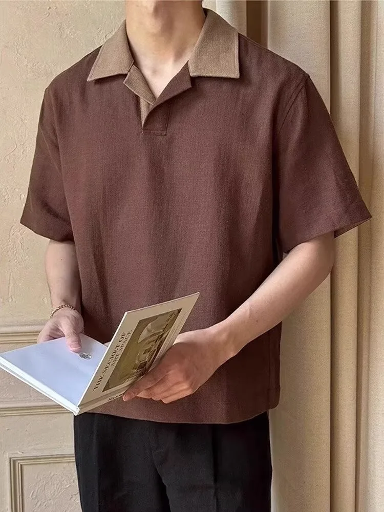 Golf short sleeve tee Summer vintage style linen polo shirt with loose collar and short sleeves retro casual style High-end