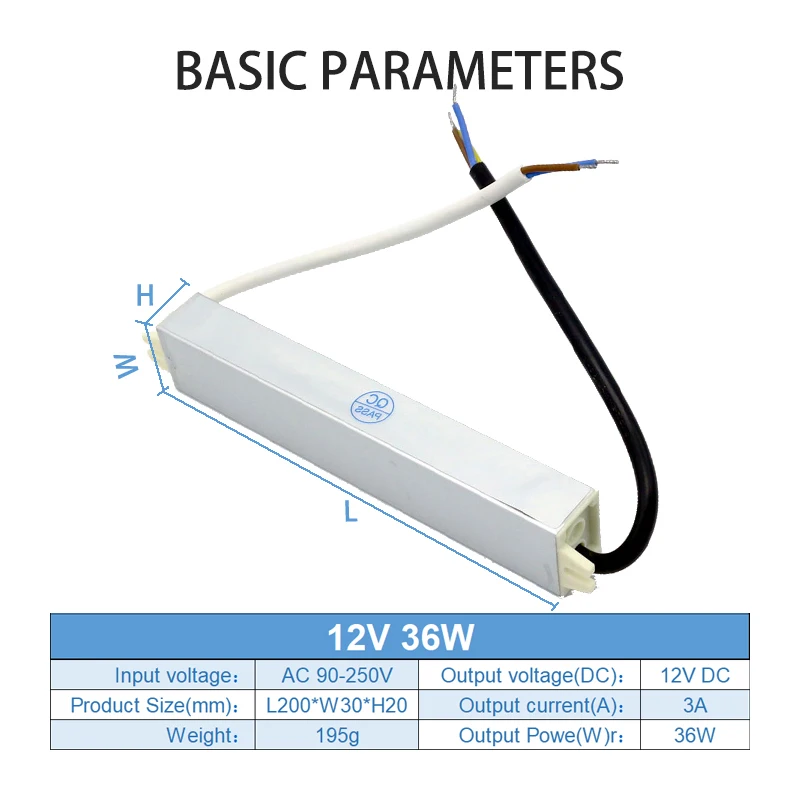 Lighting Transformer 90-250V AC to DC 12V 36W 3A LED Driver Adapter Aluminum Outdoor IP67 Waterproof Switching Power Supply