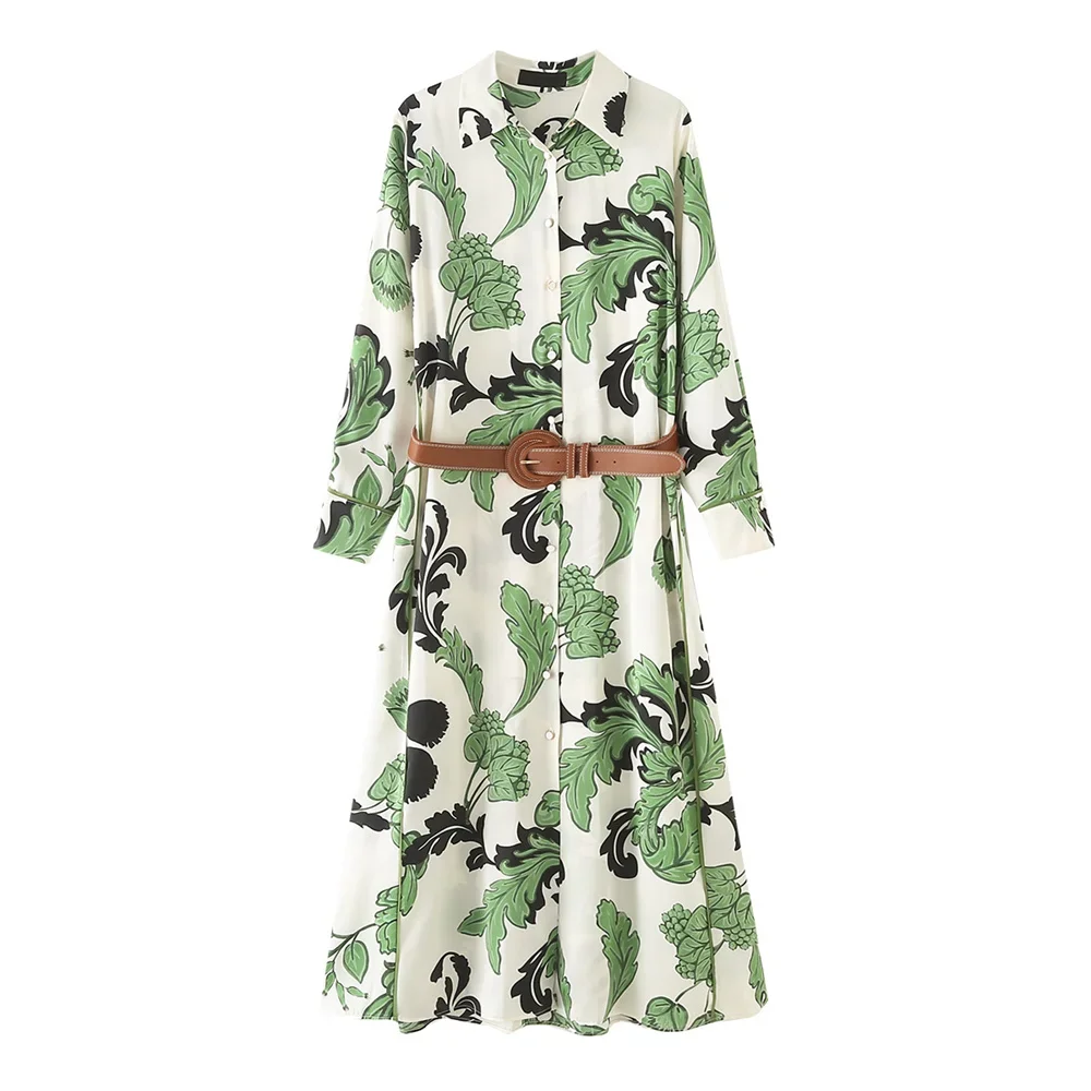 2024 Spring New Women's Casual Style Slim Flip Collar Long Sleeves with Belt Printed Shirt Style Dress