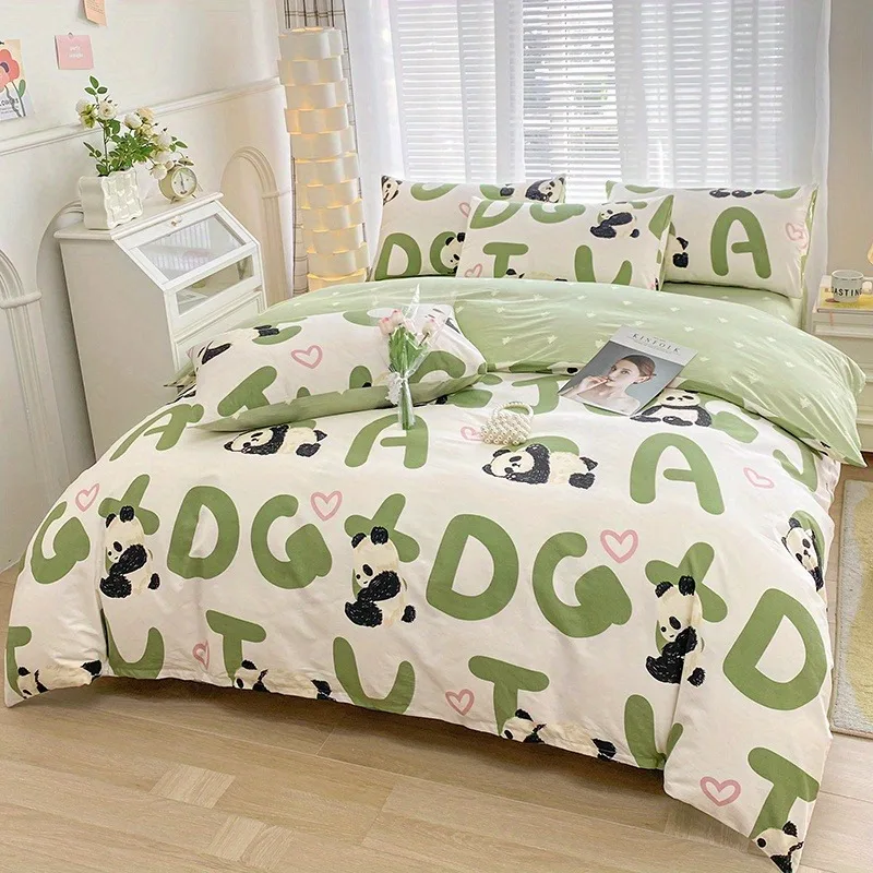 Cute Panda Letter Print Bedding Set Reversible Green Star Duvet Cover Set Pillowcase Cartoon Kids Bedroom Bed Linen