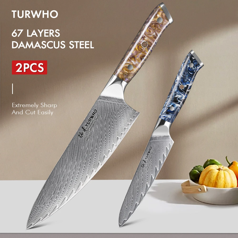 

TURWHO 2-PCS Kitchen Knives Set Resin Handle 67 Layer Damascus Steel Chef Knife Cleaver Utility Knife High Quality Cooking Tools