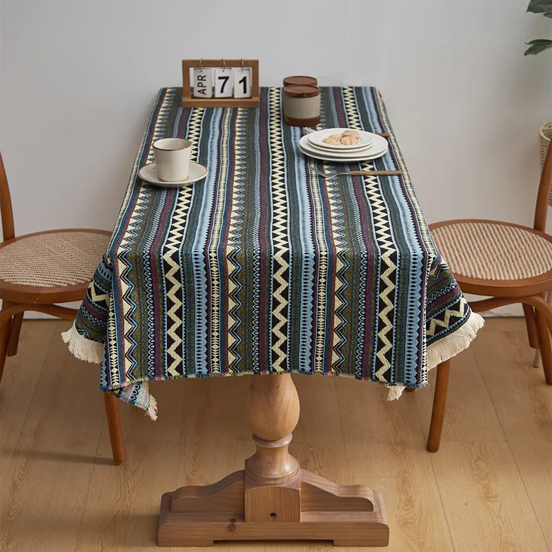 Bohemian Blue Striped Tablecloth with Tassels Retro Dust-Proof Dining Table Mat for Party Picnic Aesthetic Anti-Wear Room Decor