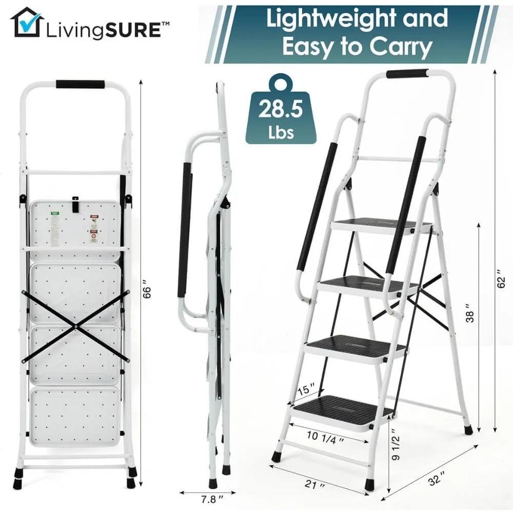 Escalera de seguridad plegable de 4 escalones - Acero resistente, peldaños antideslizantes, pasamanos acolchados - Diseño que ahorra espacio - Perfecta para interiores a