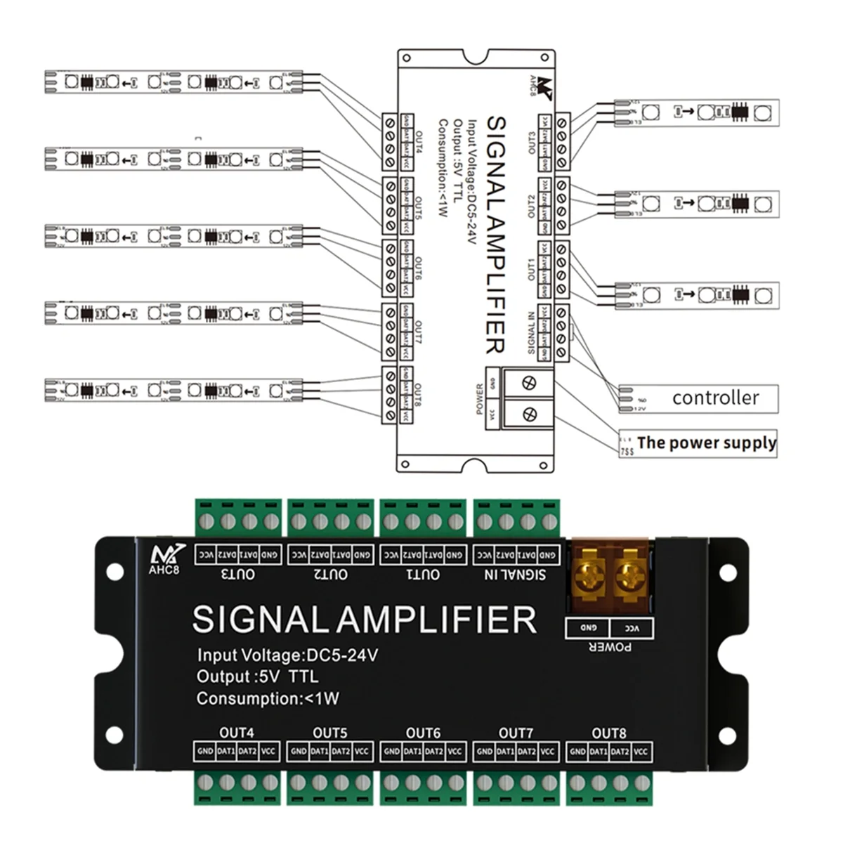 ABZV-8CH LED ストリップ信号アンプ、WS2812 5V SPI TTL 信号出力 WS2811 WS2815 WS2813 SK6812 ピクセル LED ライト DC5-24V