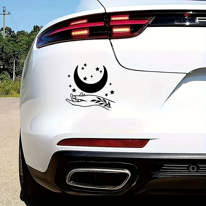 

Матовая виниловая наклейка «Луна и звезды в руке», черная 2D плоская наклейка для автомобилей, ноутбуков и стен, декор в небесном стиле