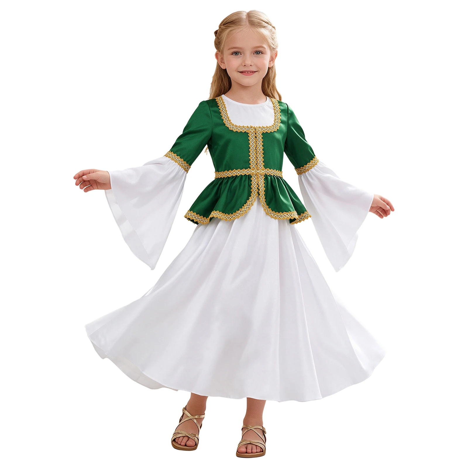 #6-16 Medieval Renaissance Dress Color-blocked Long Flare Sleeve Vintage Princess Costumes for Halloween Carnival Party Dress Up