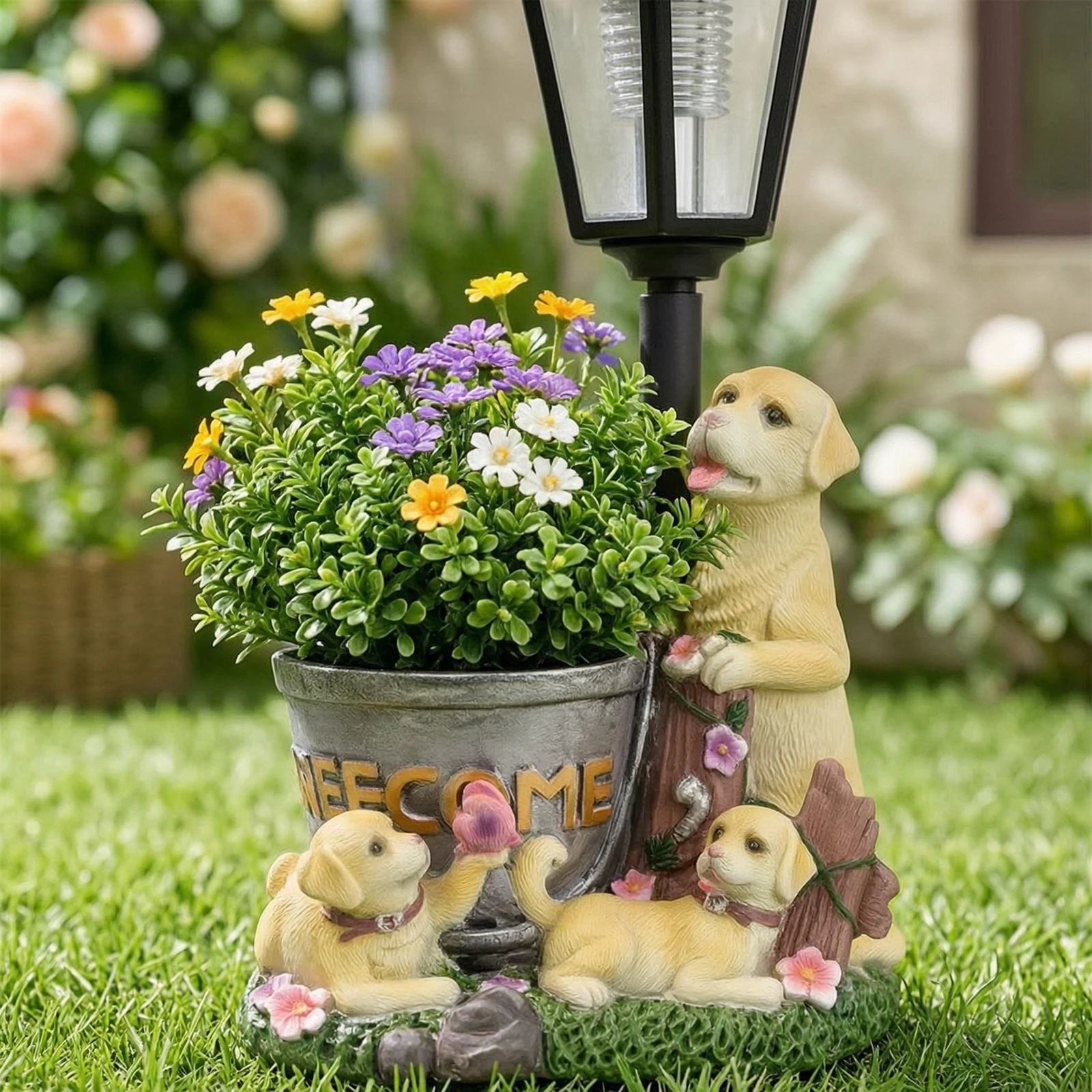Statue de chien avec lanterne solaire, pot de fleurs robuste avec lumière solaire, ornement fantaisiste réaliste pour les jardiniers