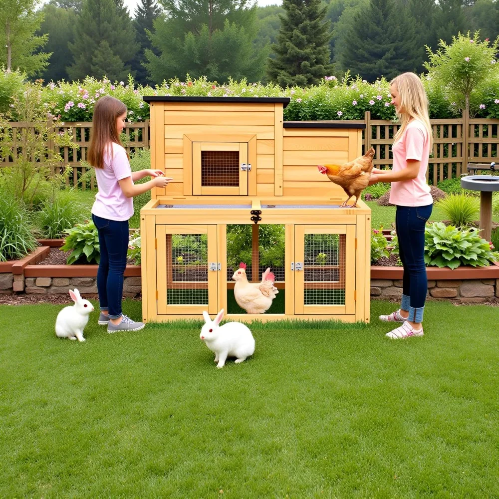 

Chicken Coop Outdoor Wooden with Waterproofing Roof, Runways, Pull-Out Trays and Openable Top for Poultry Cage