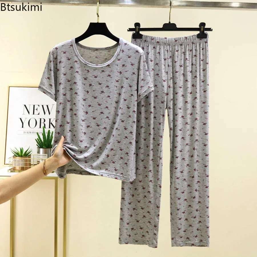 

2026 женская свободная футболка из модала с круглым вырезом и короткими рукавами, брюки, комплект из двух предметов, летняя новая повседневная домашняя одежда с цветочным принтом, Spwear