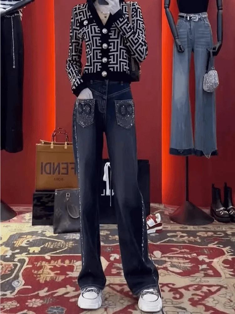 Cintura alta solta ajuste emagrecimento strass denim jeans feminino casual calças compridas outono coleção perna reta mistura de algodão azul