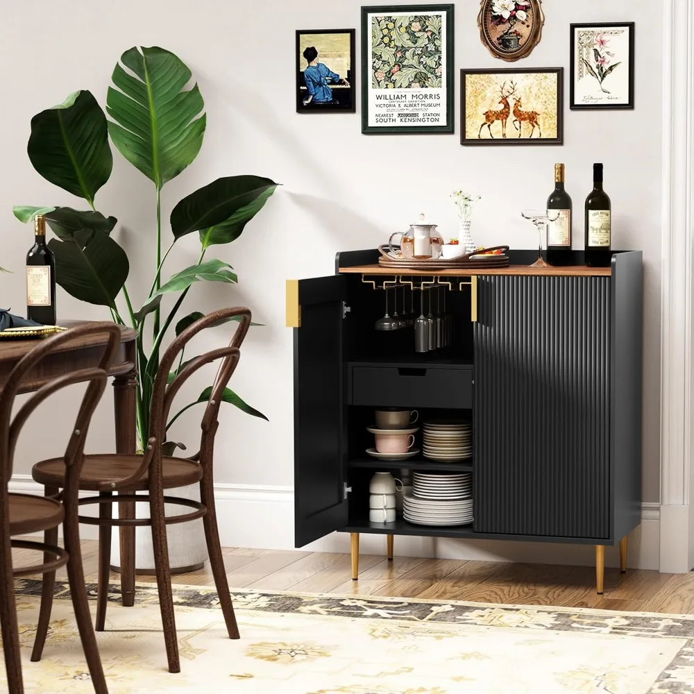 Credenza Buffet con struttura scanalata, mobiletto moderno da bar con portabottiglie e cassetti, mobiletto per liquori nero per cucina