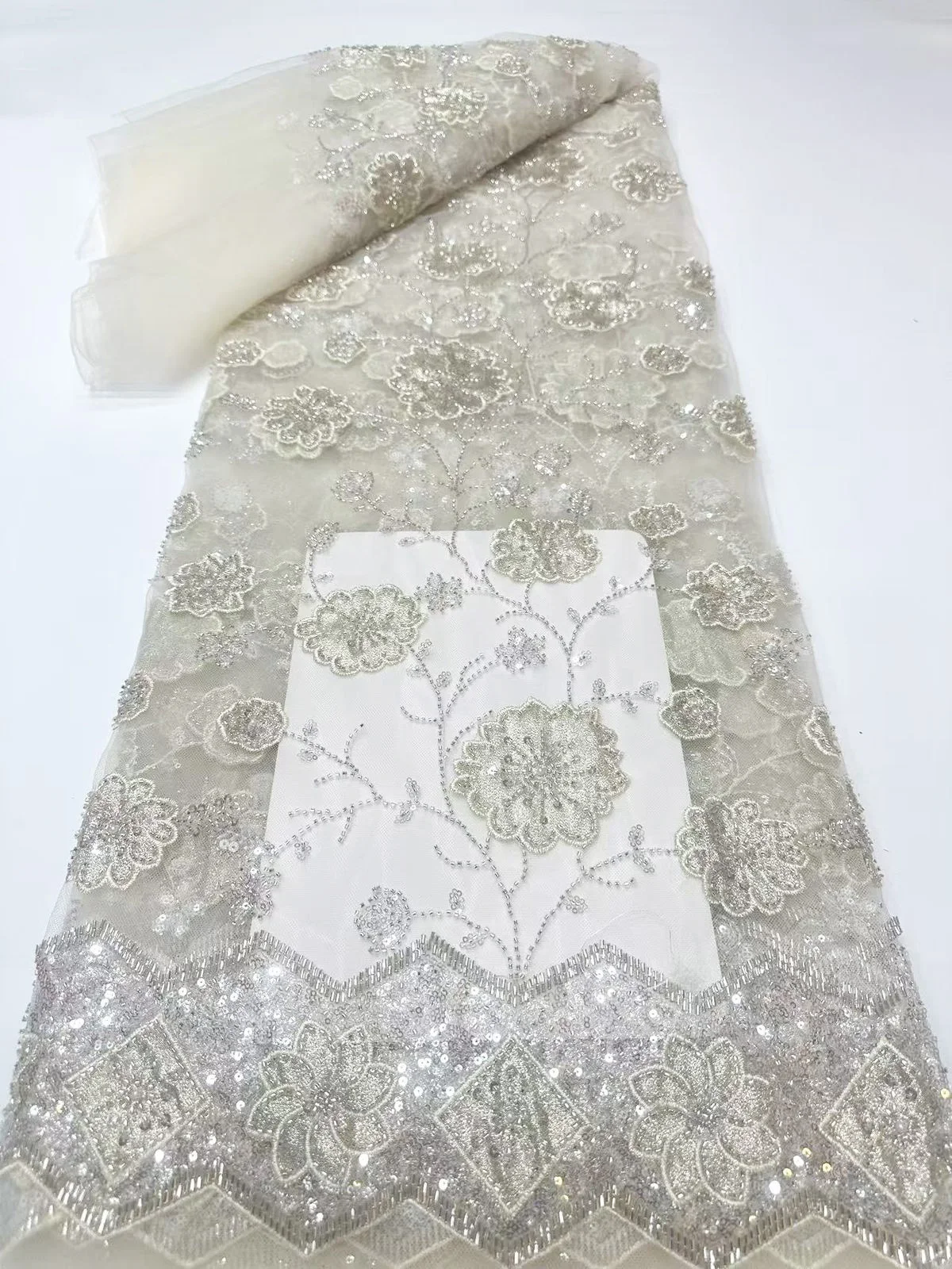 

Latest White Sequins Beaded African French Lace Fabric 2026 High Quality Handmade Beads Nigerian Lace Fabric For Party KYX2608