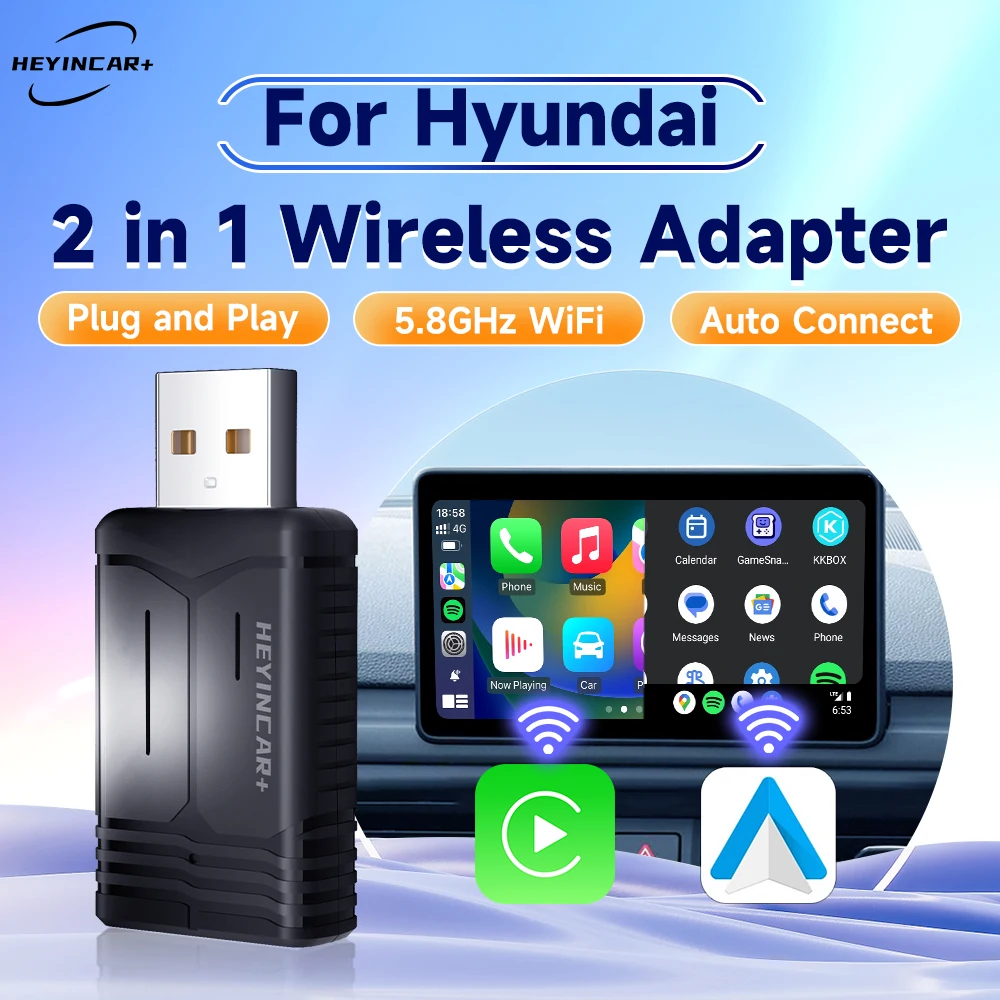 2024 HEYINCAR 2in1 Wireless Carplay Adapter Android Auto Wireless For Hyundai SANTA FE TUCSON ELANTRA IONIQ 5 6 KONA VENUE NEXO