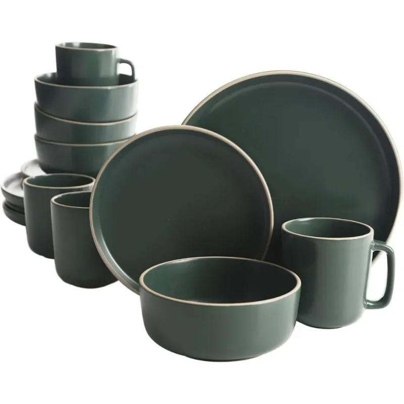 Zuma 16 Piece Round Kitchen Dinnerware Set, Dishes, Plates, Bowls, Mugs, Service for 4, Matte Stoneware, Green