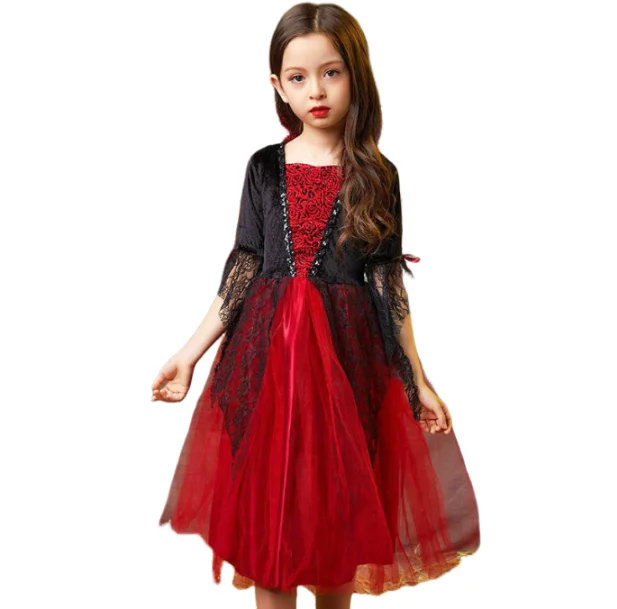 Costume di Halloween per bambini Costume da vampiro fantasy di Halloween Vestito lungo da tutu per ragazze Vestito da carnevale per bambini Abiti di piume gotiche