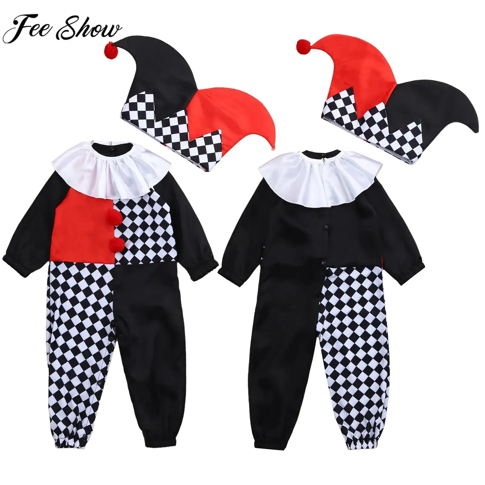 0-24M Baby Halloween Party Circus Clown Funny Harlequin Cosplay Costume Photography Clothes Long Sleeve Jumpsuit with Collar Hat