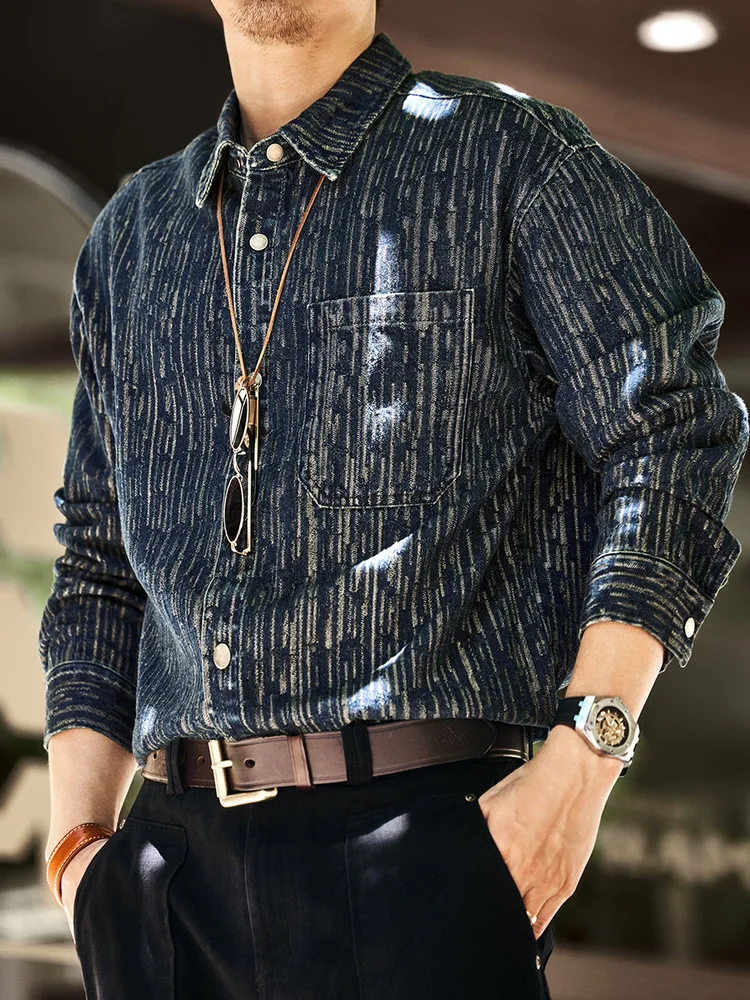 

American Sle Retro Denim irt Men's Autumn New Heavyweight Embroidery Loose Haome Casual irt Jaet
