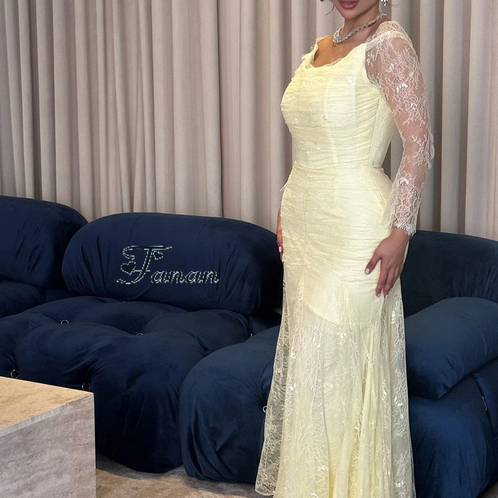 Customized Yellow Tulle Off the Shoulder Mermaid Evening Dress ILLUSION Lace Full Sleeves Party Dress Ankle Length Prom Gown