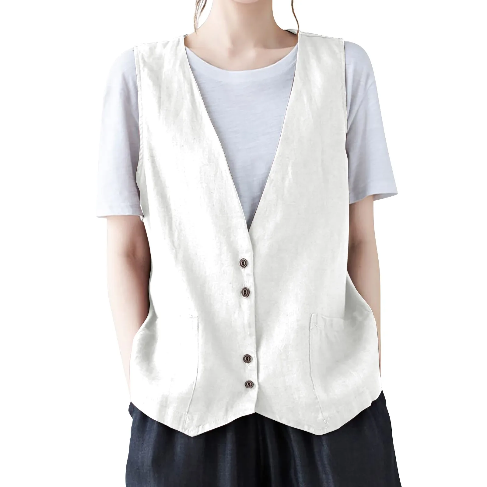 Girls\' Solid Color Fashionable Cool Hip Pop Sleeveless Cotton Linen Vest Button Down V-Neck Waistcoat Jacket Versatile And Daily