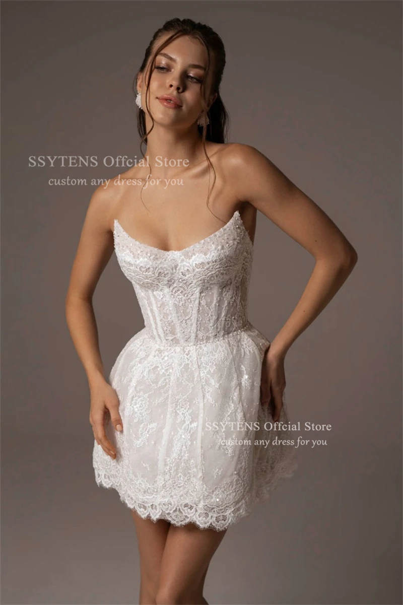 Sukienki ślubne cywilne SSYTENS z wysokim dekoltem, krótkie, w kształcie litery A, mini, sukienki na przyjęcia, iluzoryczne aplikacje, sukienki na powrót do domu, szyte na miarę