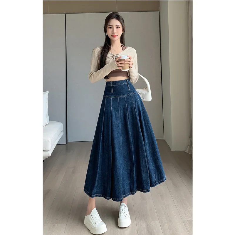 Chic Pleated Jeans Skirts Autumn Vintage High Waist Long Washing Ladies Straight Women Loose Denim Midi Skirts