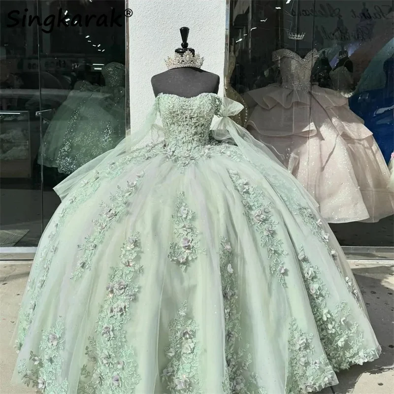 Cute Green Sweet 16 Ball Gown Quinceanera Dress Bow Beads Crystal Flower Lace Appliques Vestidos De 15 Años Lace-Up Customized