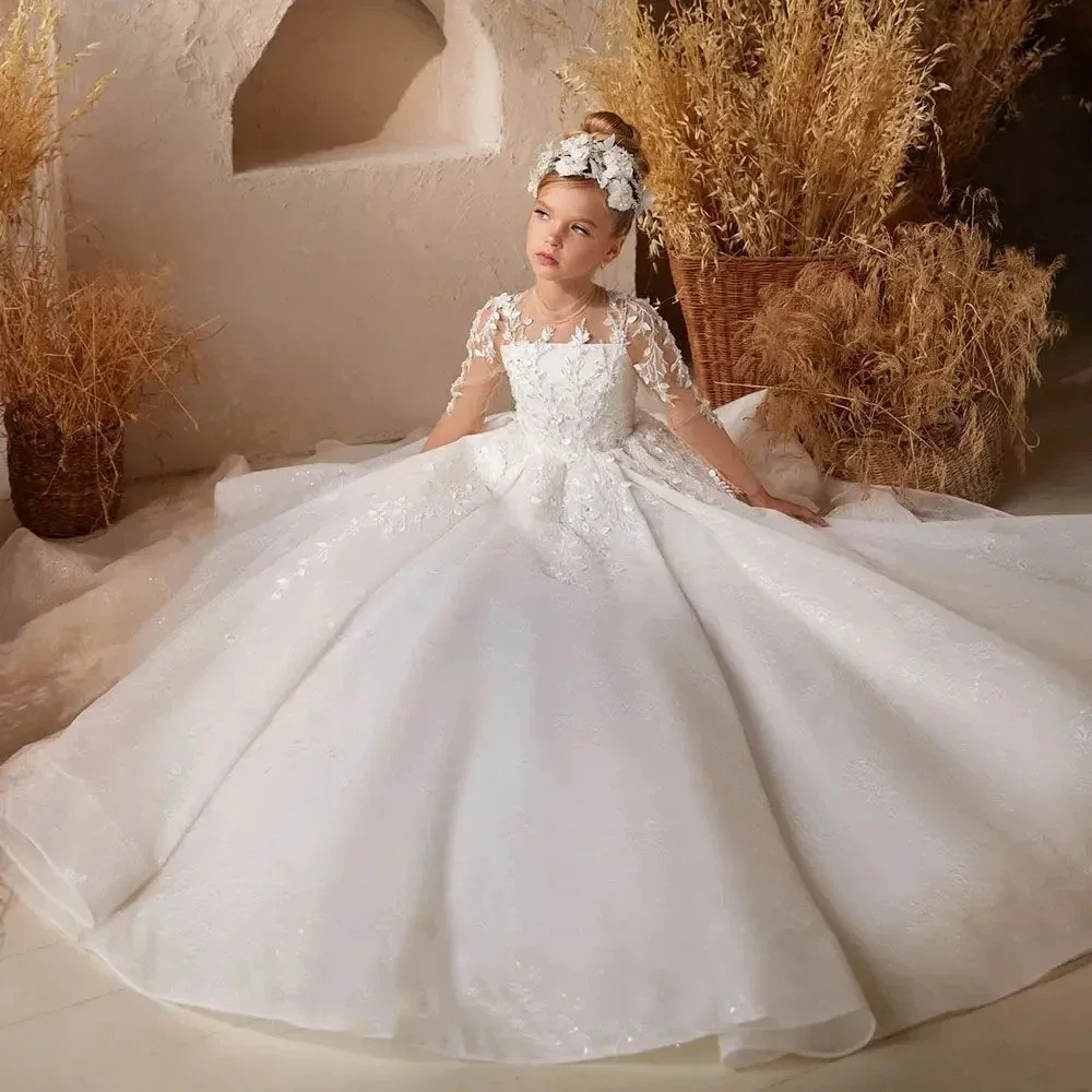 

White Satin Beaded Flower Girl Dress For Wedding Sequin Full Sleeve Child First Communion Birthday Party Dress Ball Gowns