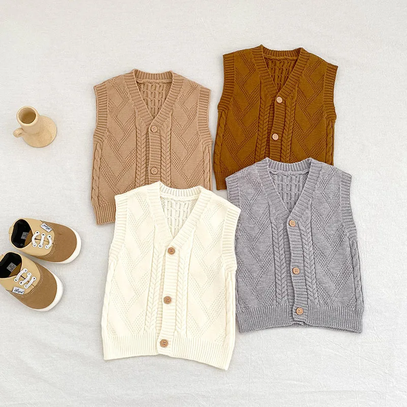 

2025 Baby Knit Vest Cardigan Solid Color V-Neck Yarn Sweater for Boys & Girls Spring Autumn Outwear Infant Pullover